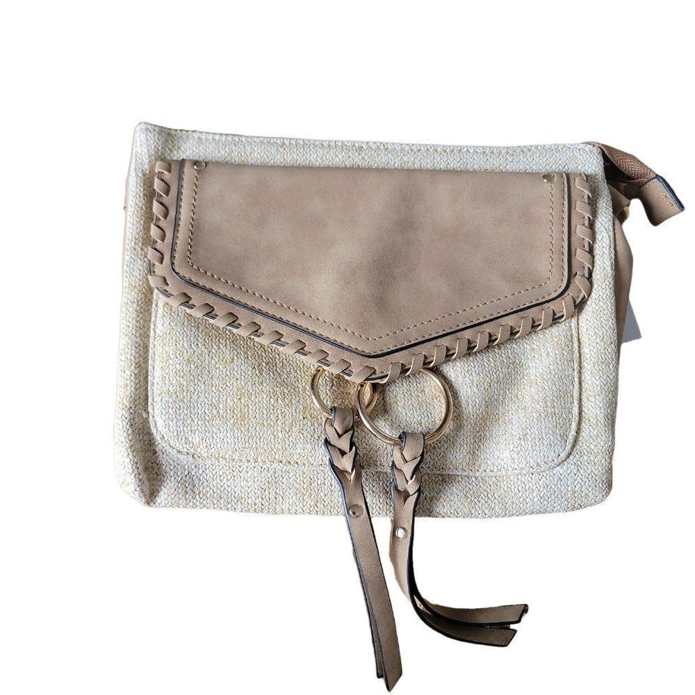 Womens Tan Canvas Adjustable Strap Zipper Flap Pocket Crossbody Bag One Size